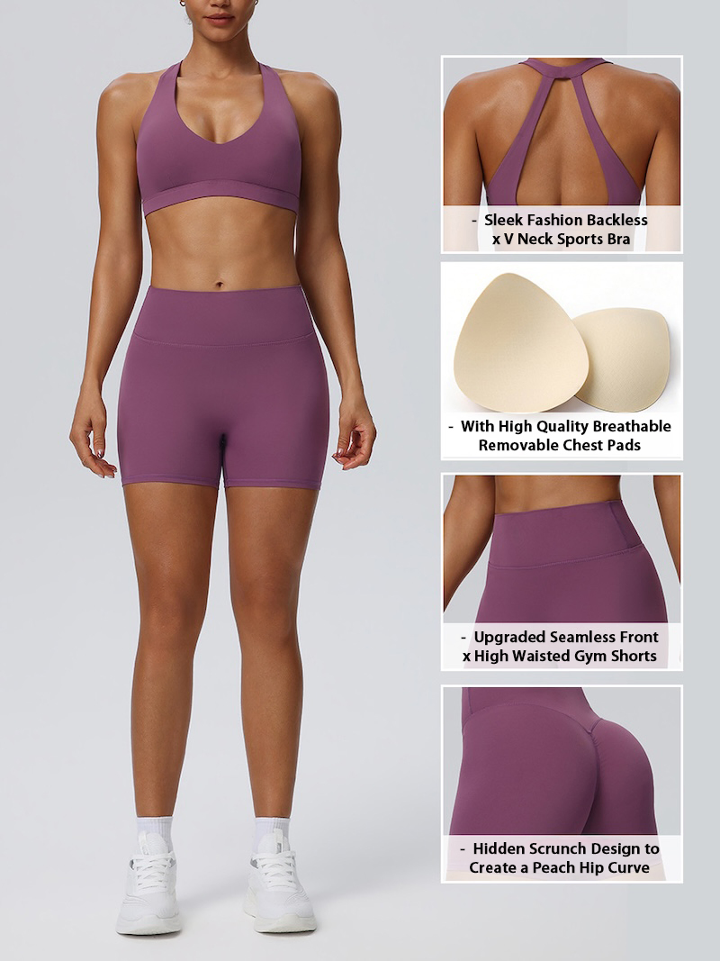 Conjunto de Roupas Ativas Sem Costas Selecionado como Topo pela Amazon 4PCS Roupas de Fitness Premium para Mulheres, Sexy Sutiã Esportivo com Decote em V + Camisetas + Shorts de Treino + Calças de Yoga Flare