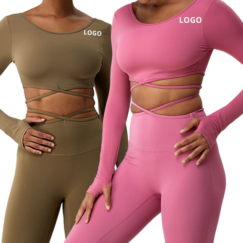 Novo Top de Yoga de Manga Longa com Cinto Fino para Mulheres, Camiseta Esportiva Respirável para Corrida, Roupas de Fitness Justas