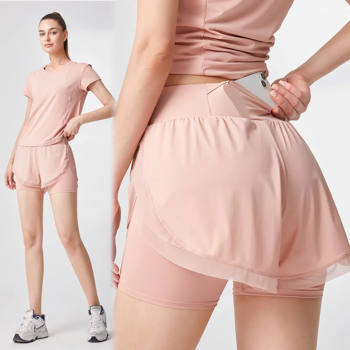 Atacado de Fábrica 5XL Roupas de Ginástica Plus Size para Mulheres, 2 Conjunto de Camisetas de Verão para Corrida com Bolso Oculto e Shorts Atletas