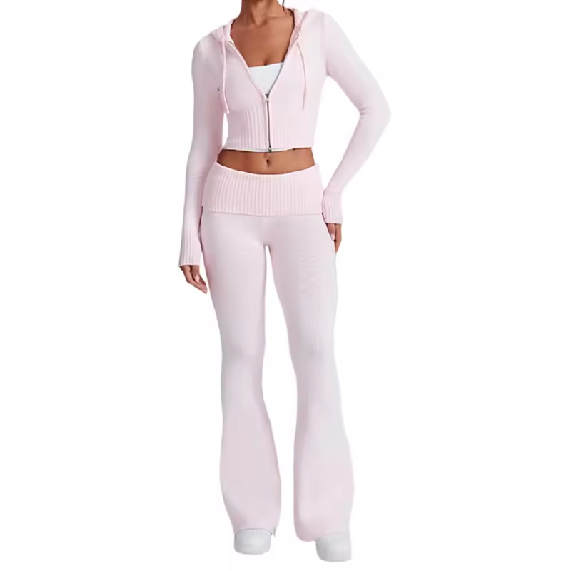 Conjunto de moletom cropped slim fit de cor sólida personalizado por atacado, casual, duas peças, com zíper, moda esportiva para mulheres