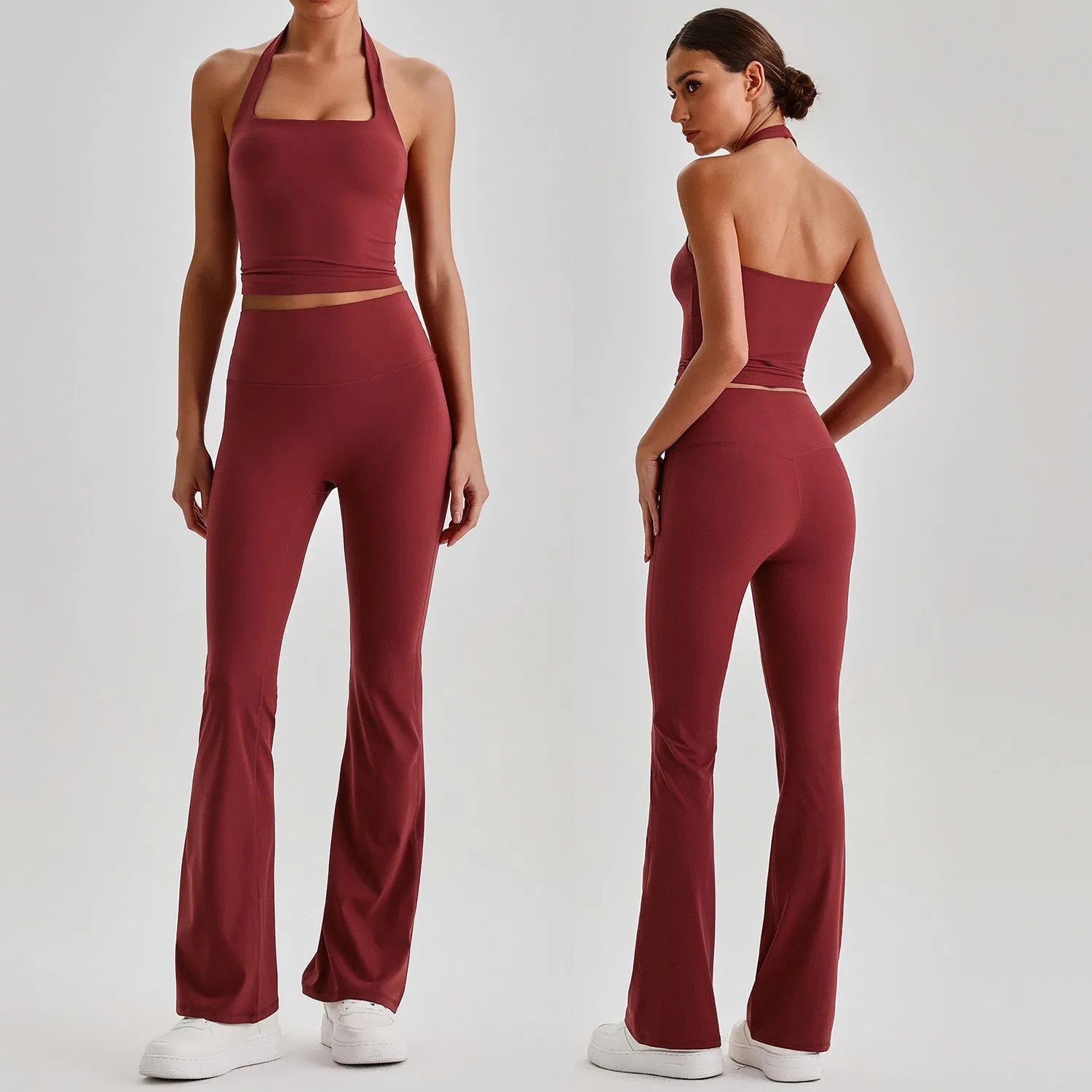 Conjunto de Yoga Feminino Personalizado de 2 Peças com Top Cropped de Decote Halter Costas Nuas e Leggings de Cintura Alta com Pernas Largas 4 Com Stretch de Duas Maneiras e Respirável para Treino na Academia