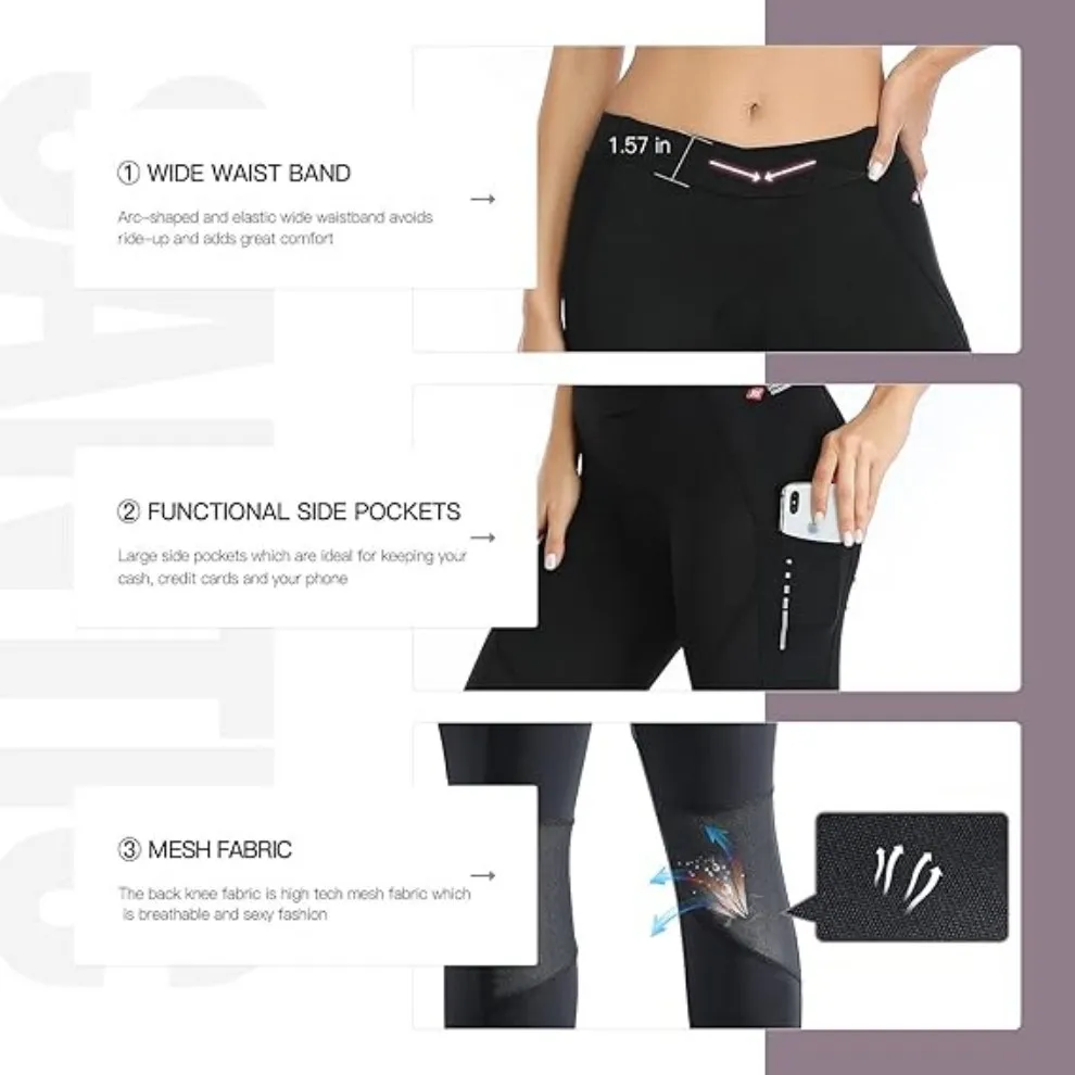 Roupas de Ciclismo Femininas com Cintura Alta 4D Capris Almofadados 7/8 Calças de Ciclismo com Bolsos
