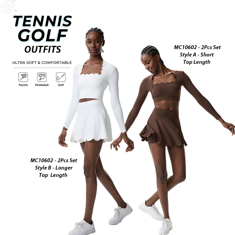 Novas Roupas de Tênis em Duas Peças com Borda Ondulada para Mulheres, Blusa de Manga Longa com Almofadas de Sutiã + Conjunto de Saias de Golfe com Cintura Alta e Babados para Roupas de Pickleball