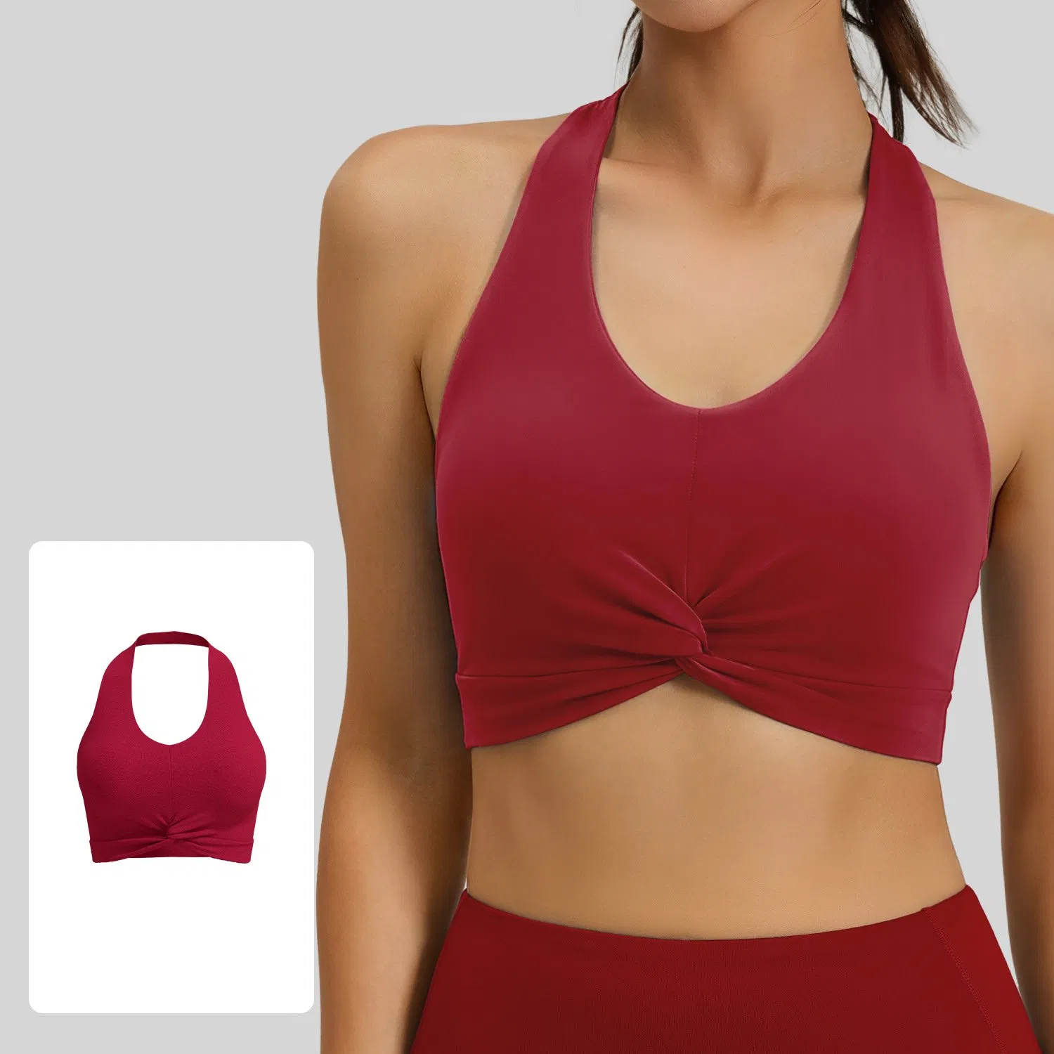 Roupas de treino sexy sem costas para fabricação original, sutiã esportivo com almofadas removíveis, blusa de exercício halter de nylon e spandex premium para mulheres