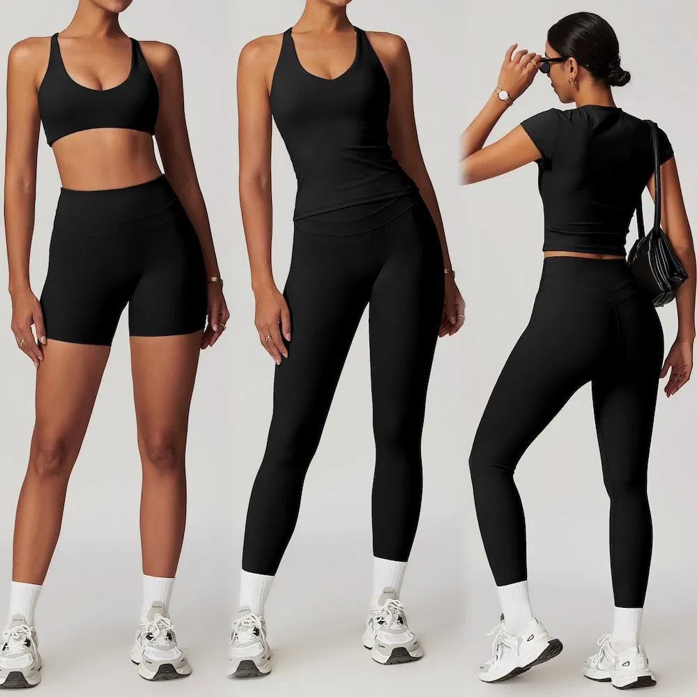 Novo Design de Moda 5PCS Conjuntos de Fitness Premium para Ginásio Roupas de Exercício para Mulheres, Atacado Roupas de Treino Elegantes, Top de Yoga com Costas Cruzadas Roupas de Yoga Sexy