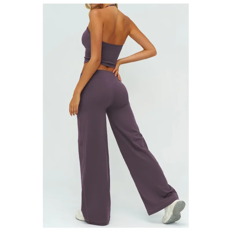 Colete de Yoga Feminino Fitness V-Neck Halter Neck Sutiã de Yoga Ajustado Moda Colete Esportivo Calças Longas de Perna Larga Roupas de Academia