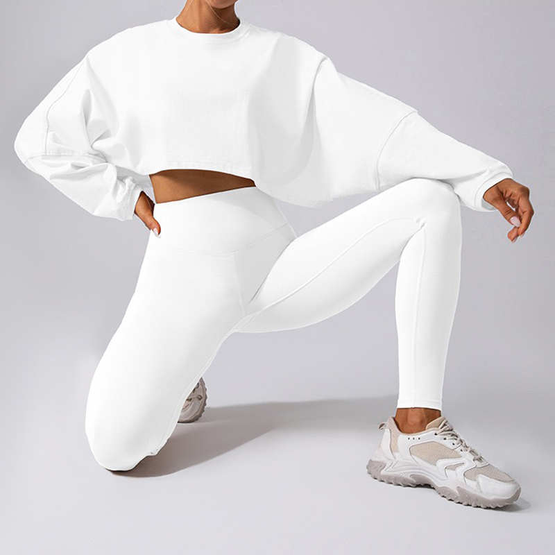Conjunto de Roupas de Treino Casuais para Mulheres com Logo Personalizado 2 PCS, Suéteres Cropped de Manga Longa com Ajuste Solto + Conjuntos de Leggings de Yoga