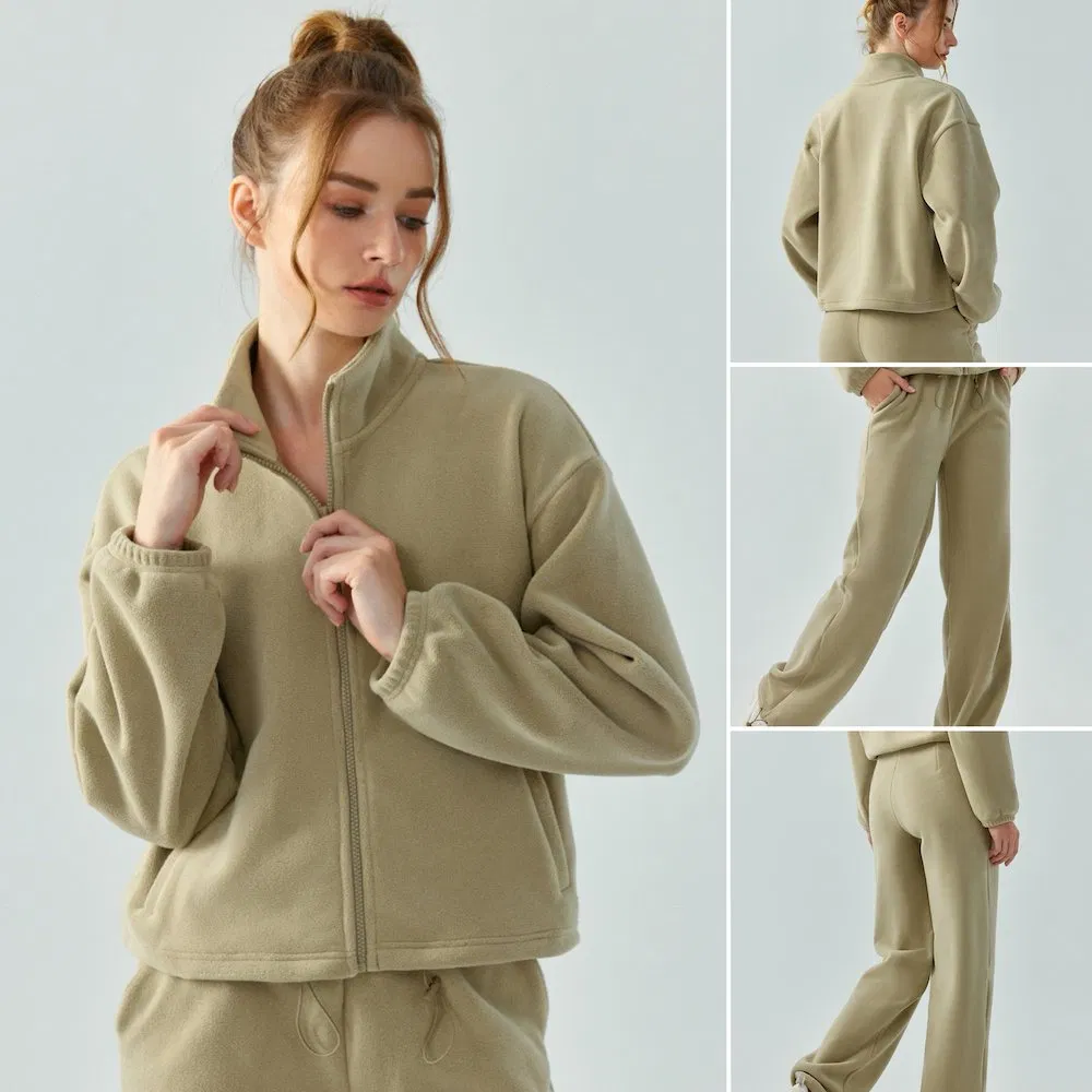 Conjuntos de moletom plus size forrados de fleece para atacado, roupas esportivas de ginásio, vestuário de rua personalizado, jaqueta casual com zíper + calças jogger, conjuntos de treino para mulheres