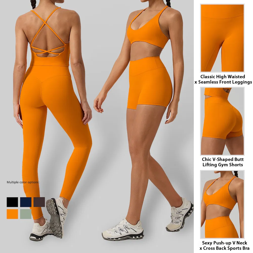 Chegada Fresca 5 Conjunto de Roupas de Yoga Elegantes para Mulheres, Camiseta de Manga Curta + Sutiã Esportivo + Regata de Ginásio + Shorts de Cintura Alta e Leggings para Exercícios