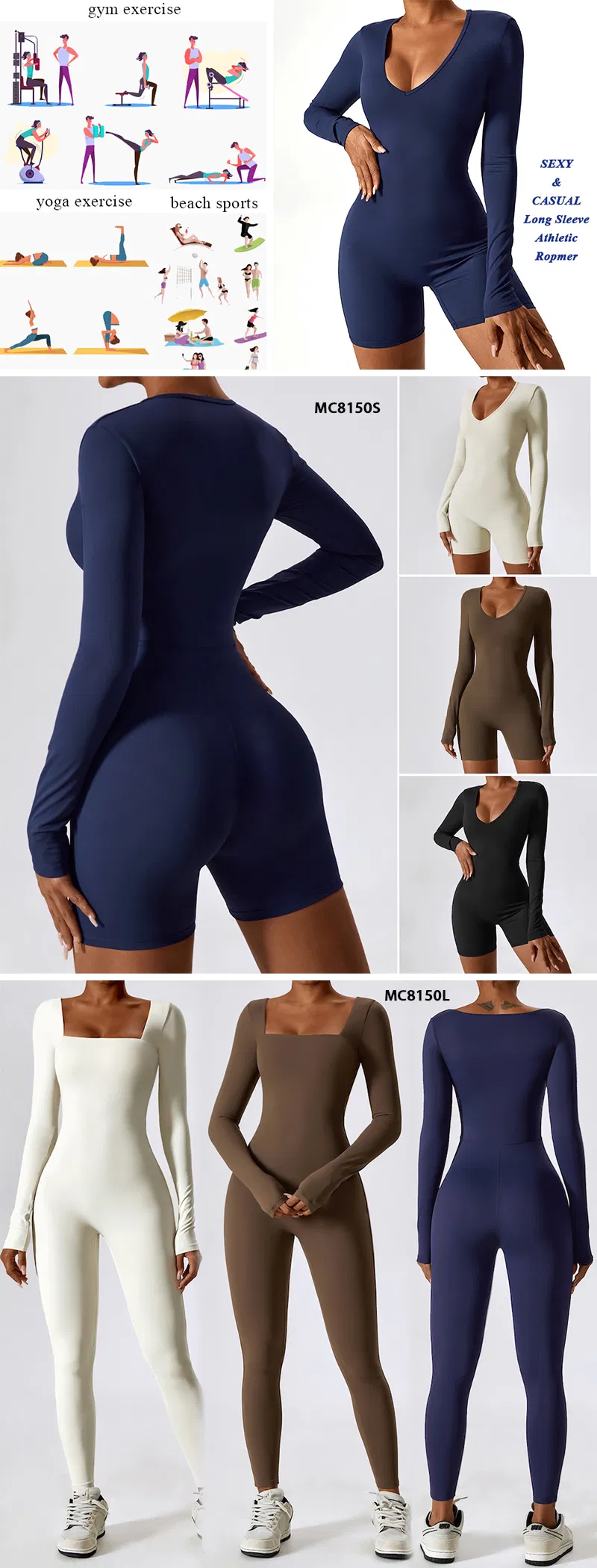 Body de ioga casual de manga comprida