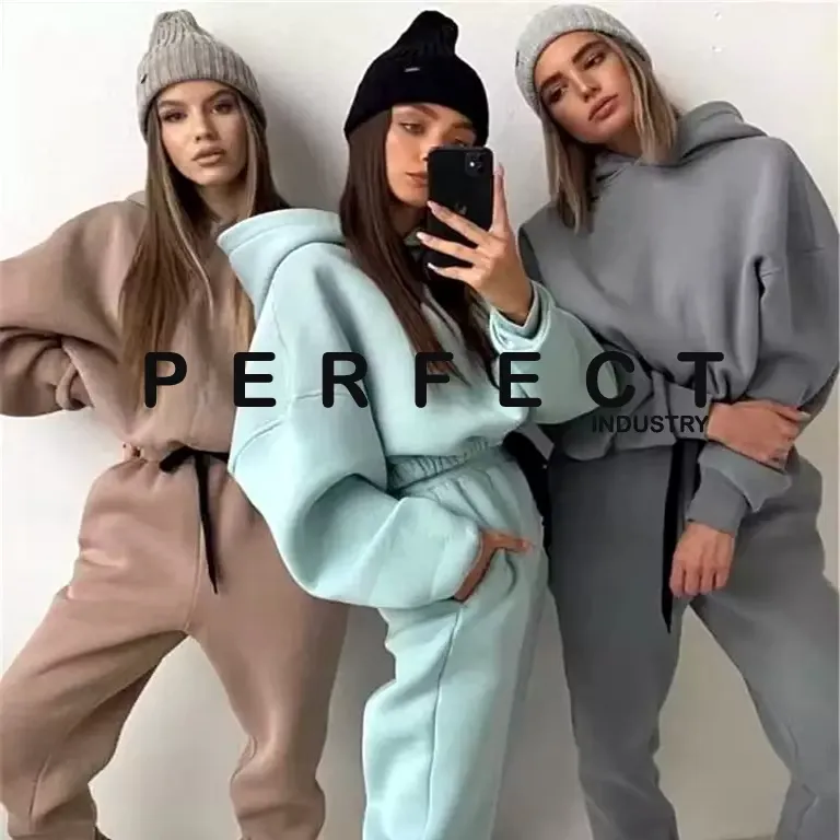 Conjunto de moletom cropped slim fit de cor sólida personalizado por atacado, casual, duas peças, com zíper, moda esportiva para mulheres