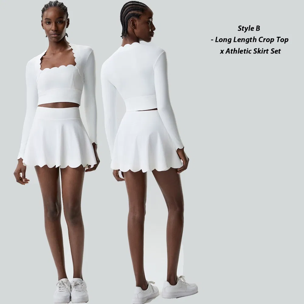 Novas Roupas de Tênis em Duas Peças com Borda Ondulada para Mulheres, Blusa de Manga Longa com Almofadas de Sutiã + Conjunto de Saias de Golfe com Cintura Alta e Babados para Roupas de Pickleball