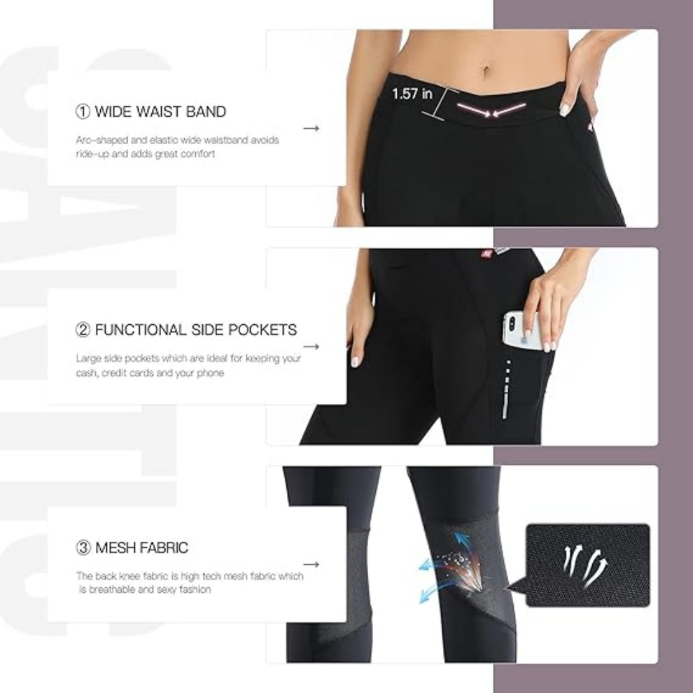 Roupas de Ciclismo Femininas com Cintura Alta 4D Capris Almofadados 7/8 Calças de Ciclismo com Bolsos