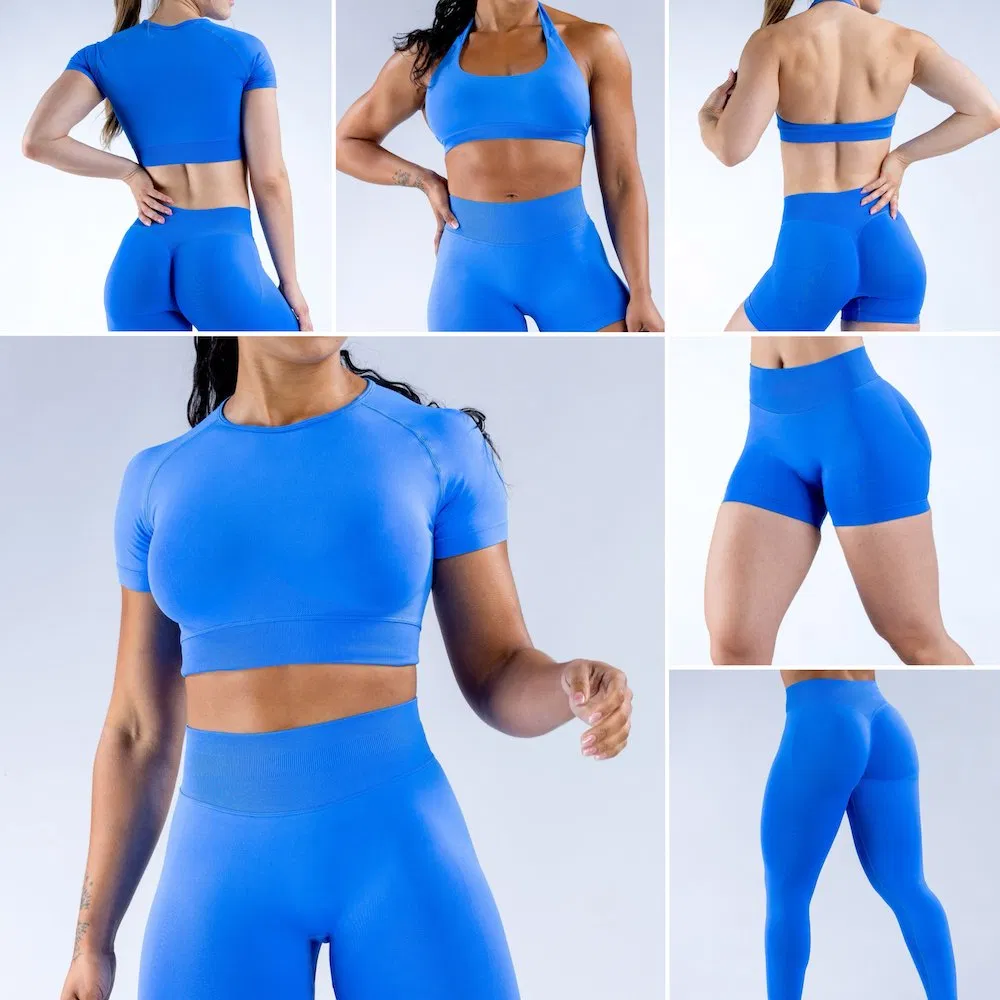 4 Conjunto de Treino Sexy Sem Costura para Mulheres, Sutiã Halter Neck Personalizado + Shorts de Bumbum + Leggings de Yoga, Roupas de Atividade para o Ginásio