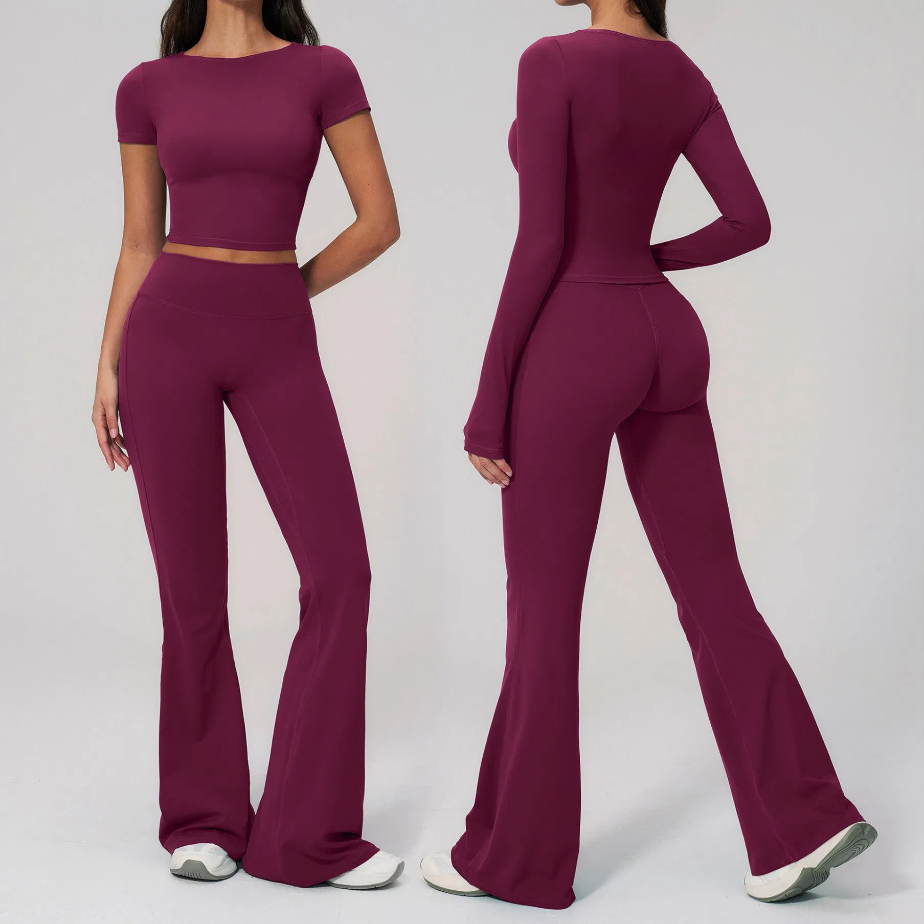 Roupas de Atividade Física Femininas Atacado, Roupas de Exercício, Roupas de Yoga com Sutiã/Camisetas, Shorts Justos, Leggings, Calças Flare