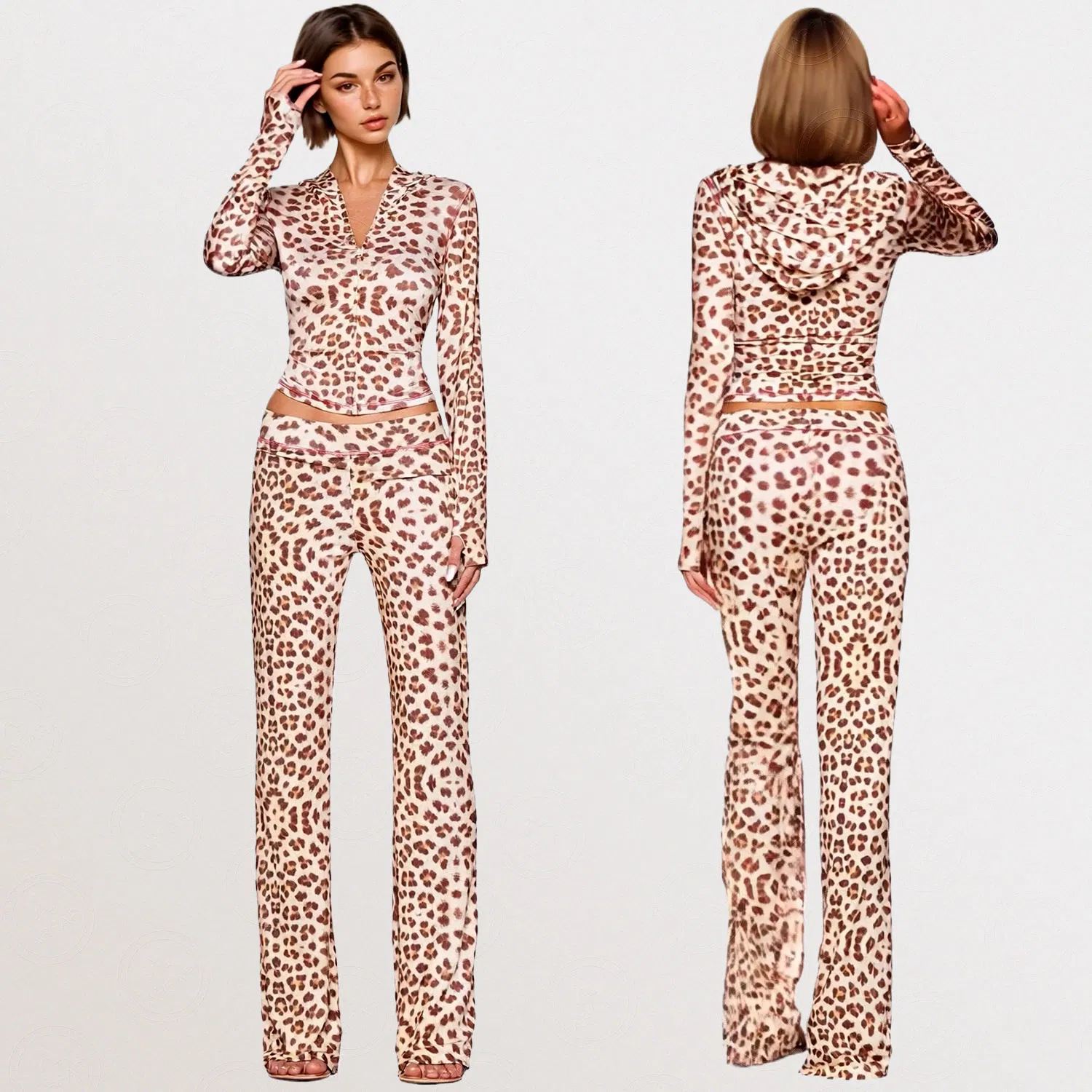 Conjunto de Roupa Casual Feminina de Esporte com Jaqueta de Capuz e Calças Flare em Estampa de Leopardo de Poliéster 2 Peça para Primavera