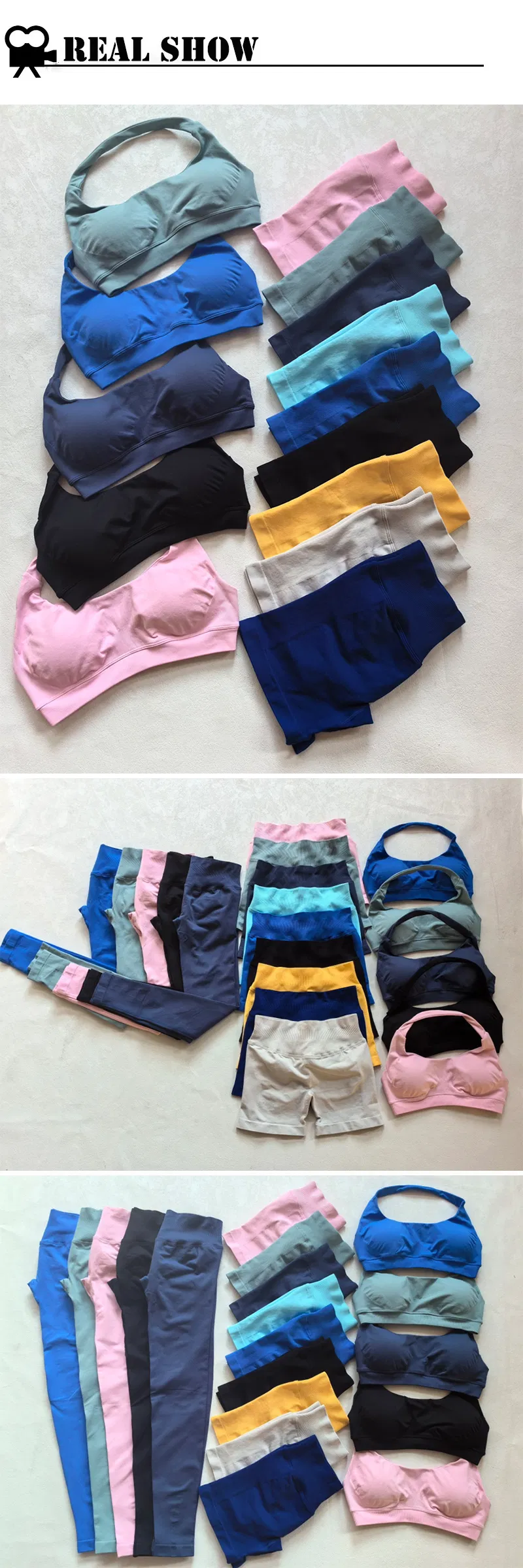 4 Conjunto de Treino Sexy Sem Costura para Mulheres, Sutiã Halter Neck Personalizado + Shorts de Bumbum + Leggings de Yoga, Roupas de Atividade para o Ginásio