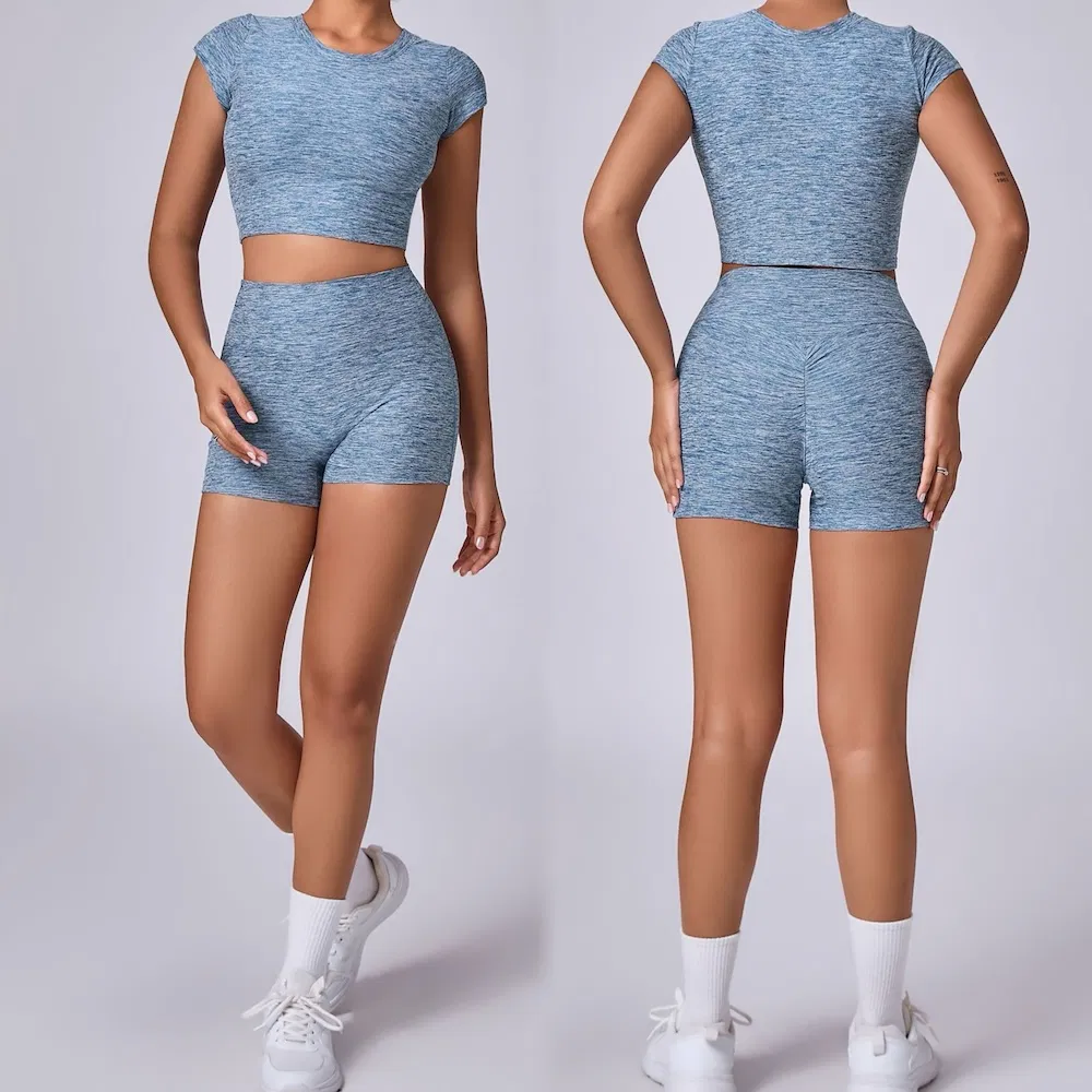 Novos Conjuntos de Roupas de Academia de Compressão Premium e Macias para Mulheres, Camisetas de Corrida de Duas Peças com Shorts de Cintura Alta para Treino Conjuntos de Roupas Ativas de Verão 2PCS