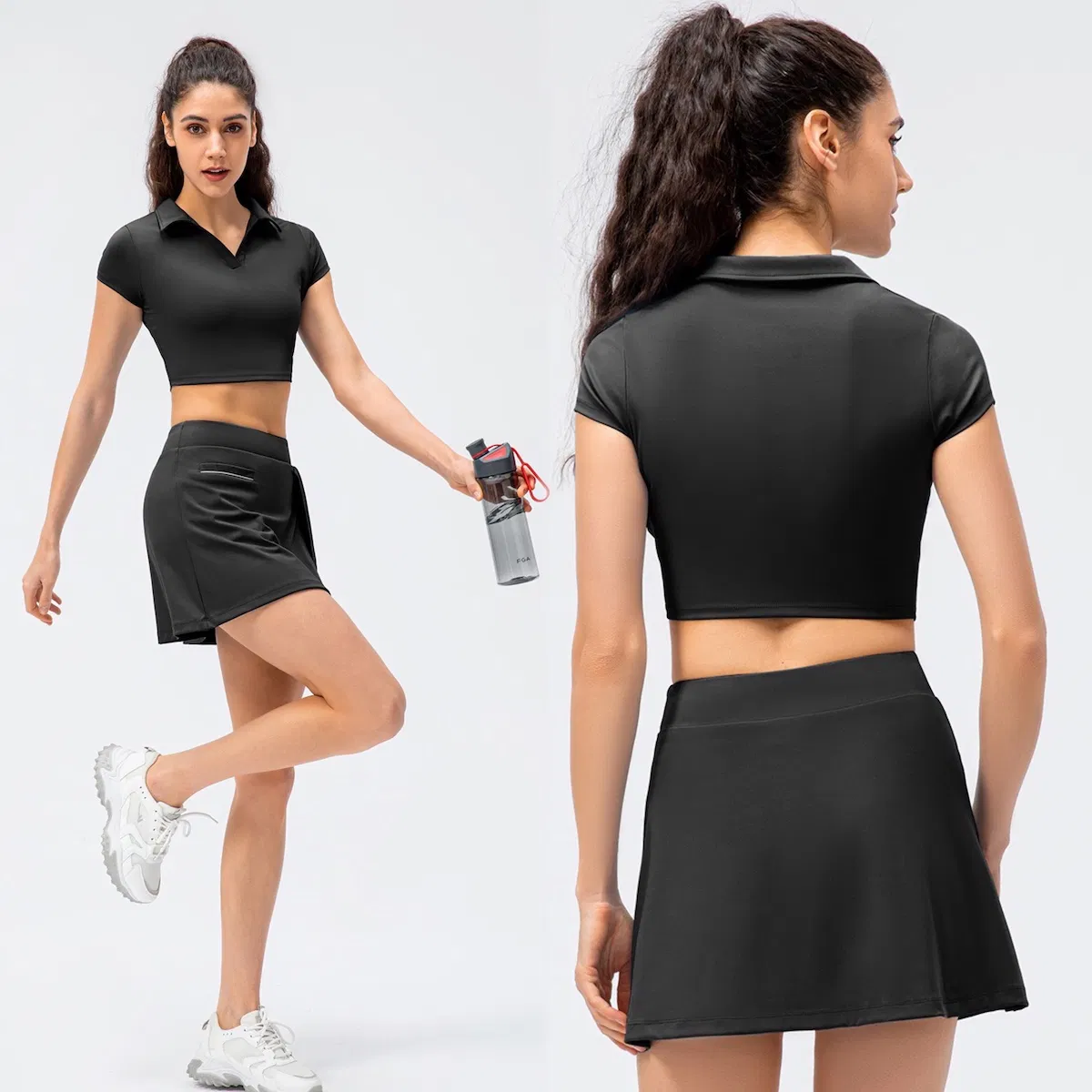 Novo Design Fofo Conjunto de Duas Peças Rápido Secagem Tênis Exercício Culotes Roupas Esportivas para Mulheres, Camiseta Cropped com Decote em V e Saias Atletas para Corrida e Treino