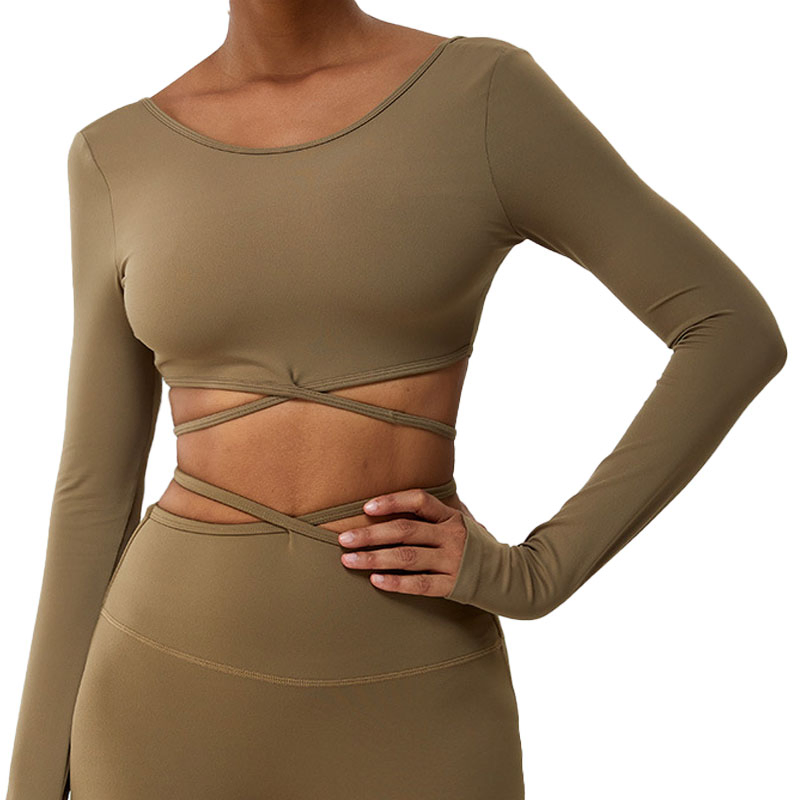Novo Top de Yoga de Manga Longa com Cinto Fino para Mulheres, Camiseta Esportiva Respirável para Corrida, Roupas de Fitness Justas