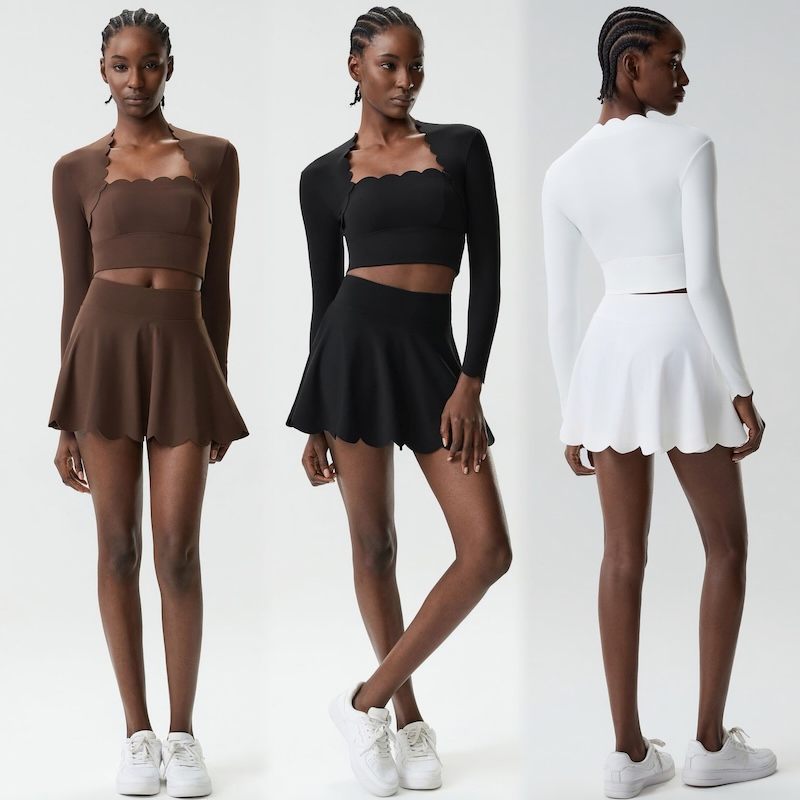 Novas Roupas de Tênis em Duas Peças com Borda Ondulada para Mulheres, Blusa de Manga Longa com Almofadas de Sutiã + Conjunto de Saias de Golfe com Cintura Alta e Babados para Roupas de Pickleball