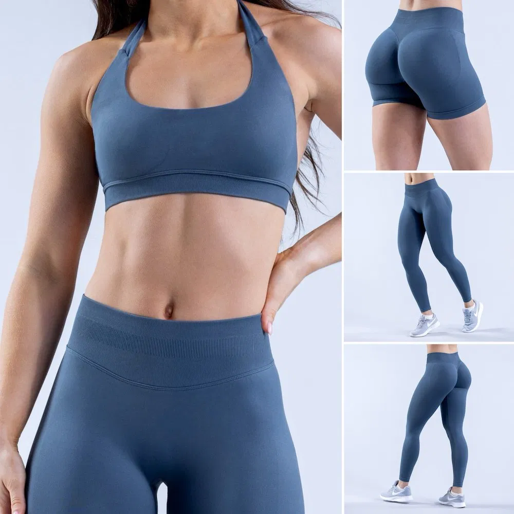 4 Conjunto de Treino Sexy Sem Costura para Mulheres, Sutiã Halter Neck Personalizado + Shorts de Bumbum + Leggings de Yoga, Roupas de Atividade para o Ginásio
