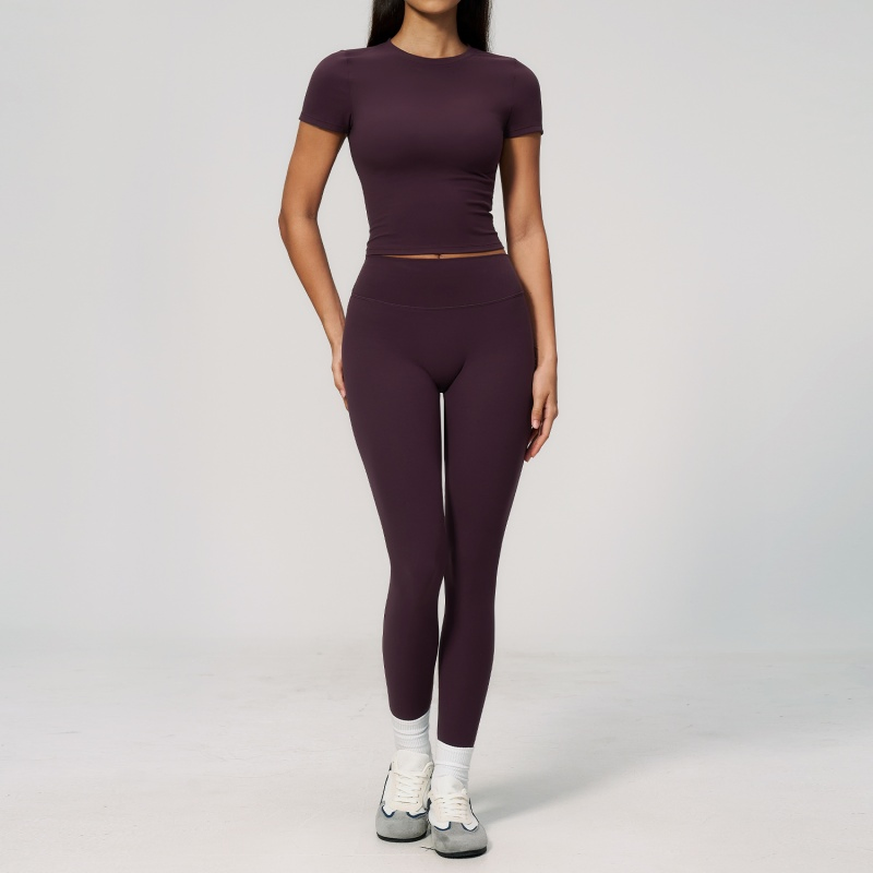 Roupas de Moda Fitness, Roupas Esportivas, Leggings de Cintura Alta para Corrida e Blusa Justa de Gola Redonda