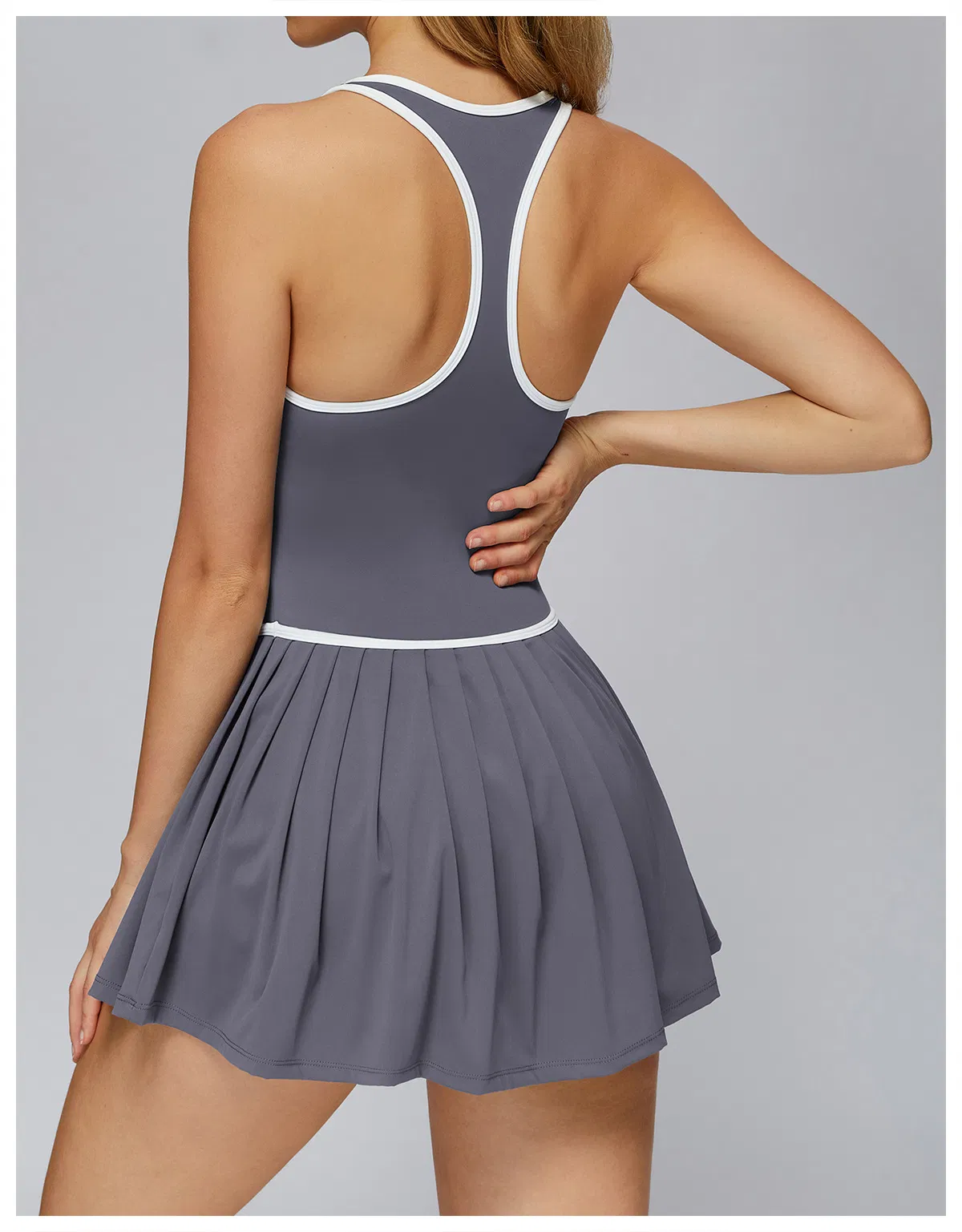 Vestido de Tênis Feminino de Alta Qualidade para Esportes ao Ar Livre, Corrida, Fitness, Academia, Conjunto Falso de Duas Peças, Saia com Shorts Embutidos, Antiexposição, OEM, Atacado, Roupas Personalizadas