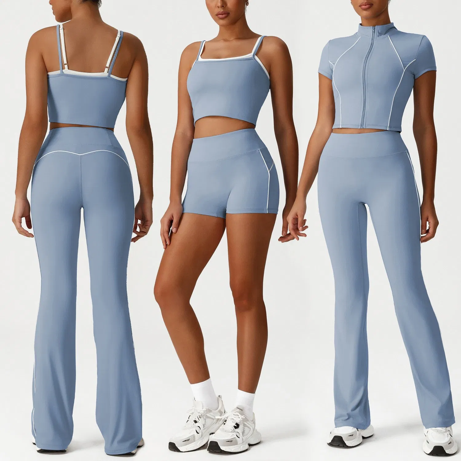 Roupas esportivas coloridas e modernas 6PCS para mulheres, blusa de yoga estilosa + shorts de ginástica de cintura alta + calças de treino flare para levantamento de quadril