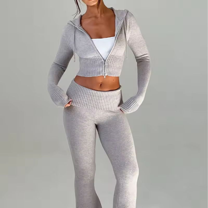 Conjunto de moletom cropped slim fit de cor sólida personalizado por atacado, casual, duas peças, com zíper, moda esportiva para mulheres