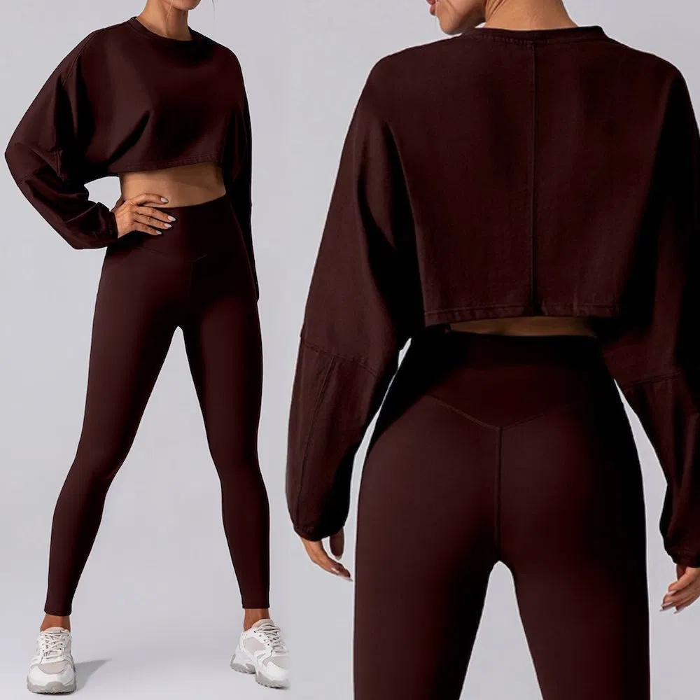 Conjunto de Roupas de Treino Casuais para Mulheres com Logo Personalizado 2 PCS, Suéteres Cropped de Manga Longa com Ajuste Solto + Conjuntos de Leggings de Yoga