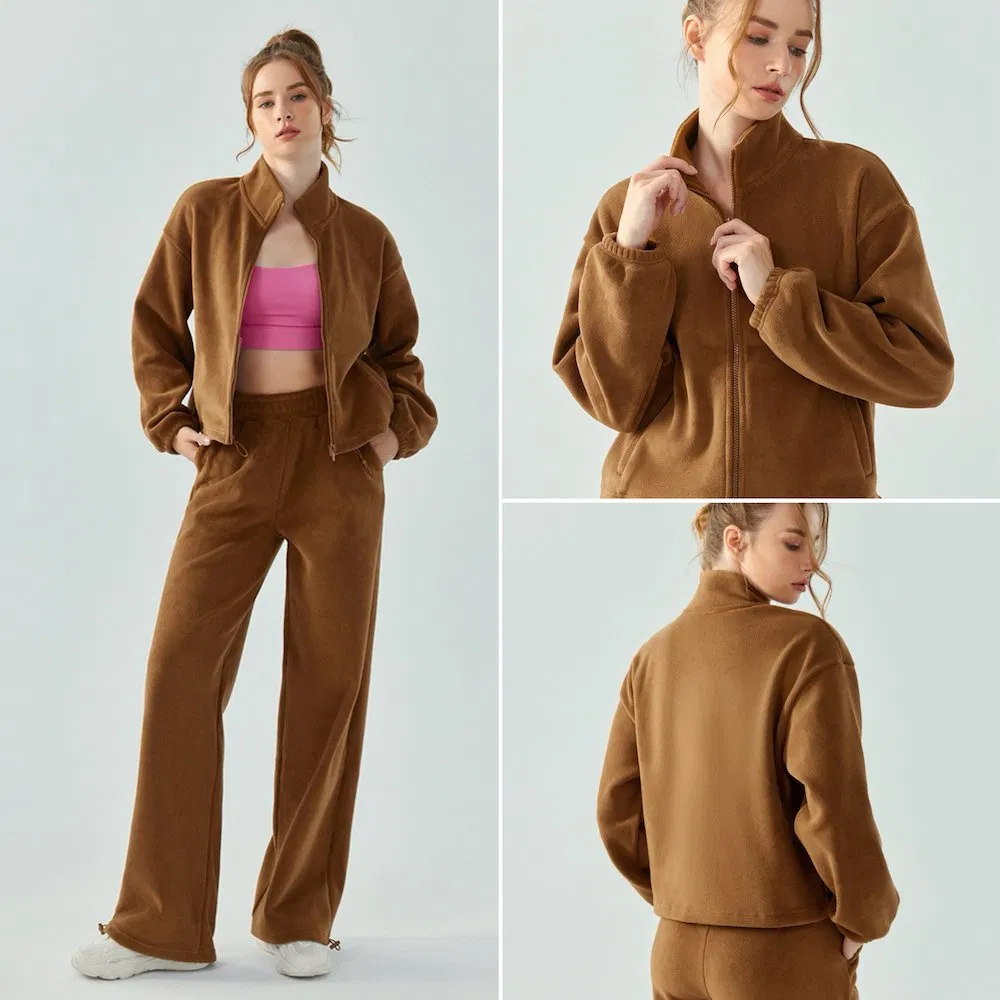 Conjuntos de moletom plus size forrados de fleece para atacado, roupas esportivas de ginásio, vestuário de rua personalizado, jaqueta casual com zíper + calças jogger, conjuntos de treino para mulheres