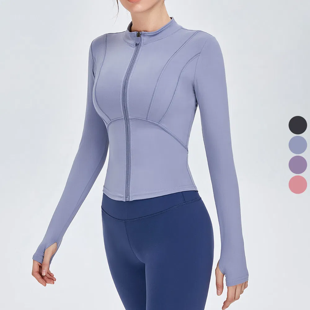 Moletons Slim com Zíper Frontal para Mulheres, Tops de Yoga Atletas, Jaquetas de Manga Longa para Academia, Roupas de Fitness
