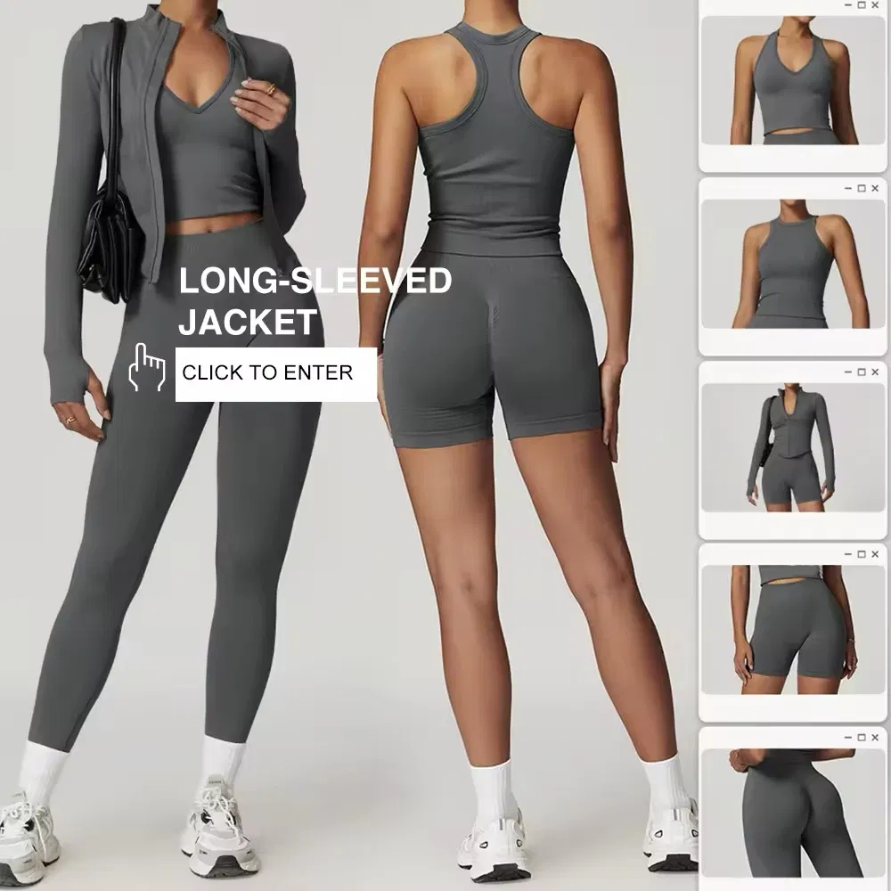 Personalize o Logotipo da Marca 5PCS Conjunto de Roupas Ativas Sem Costura para Mulheres, Tops de Yoga Fofos + Shorts Esportivos de Cintura Alta + Leggings + Jaqueta Esportiva Roupas de Academia