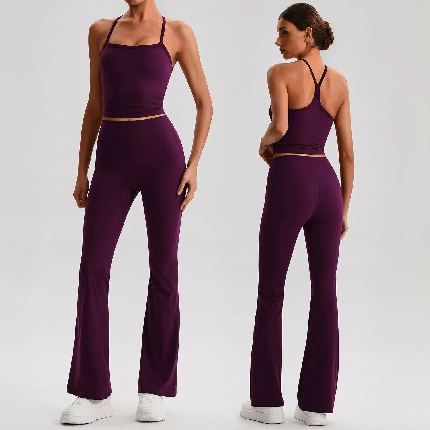 Conjunto de Roupas de Yoga Feminino com Top Cropped Y-Back e Leggings Flare de Cintura Alta 2 Pieces