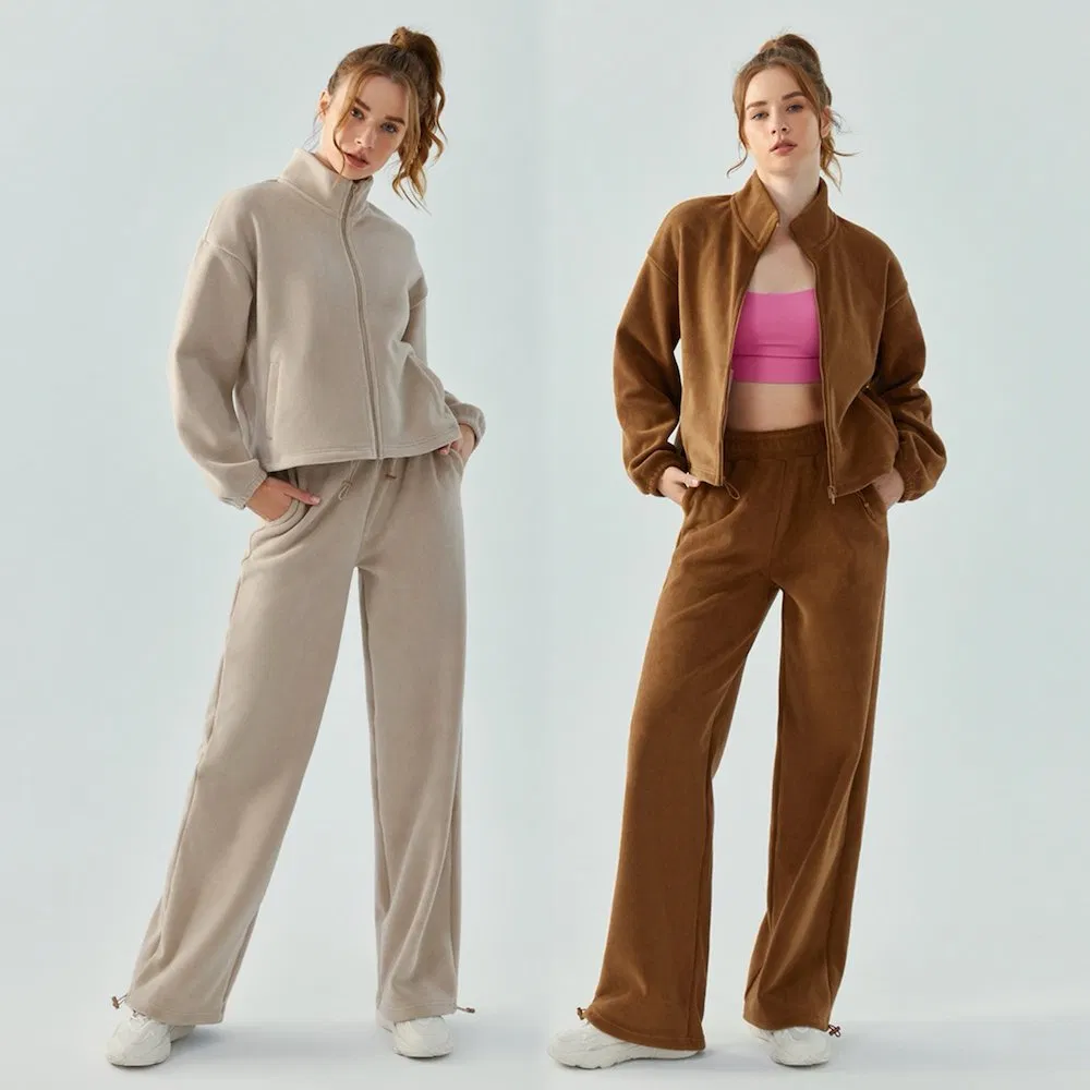 Conjuntos de moletom plus size forrados de fleece para atacado, roupas esportivas de ginásio, vestuário de rua personalizado, jaqueta casual com zíper + calças jogger, conjuntos de treino para mulheres