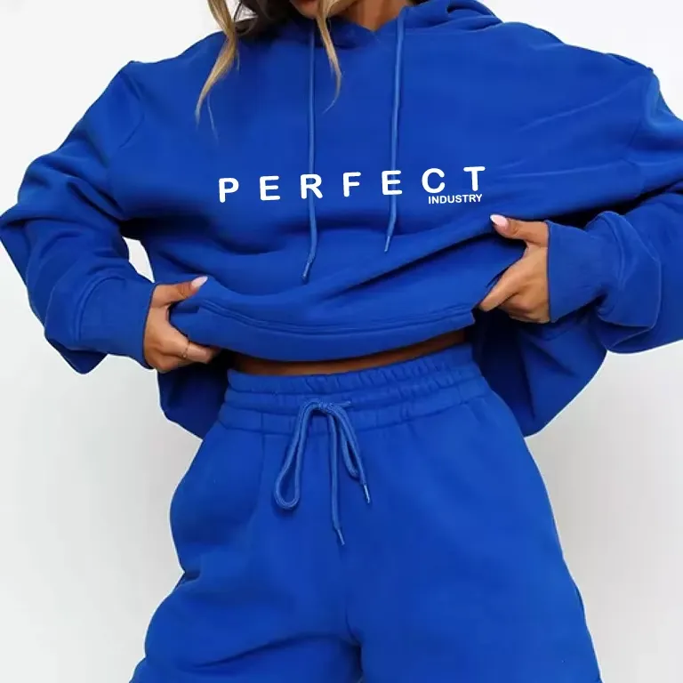 Conjunto de moletom cropped slim fit de cor sólida personalizado por atacado, casual, duas peças, com zíper, moda esportiva para mulheres