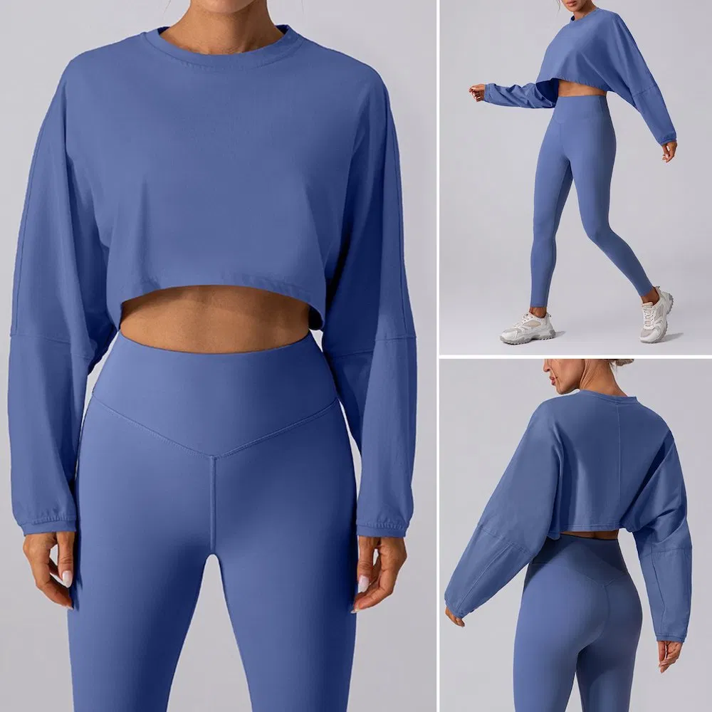 Conjunto de Roupas de Treino Casuais para Mulheres com Logo Personalizado 2 PCS, Suéteres Cropped de Manga Longa com Ajuste Solto + Conjuntos de Leggings de Yoga