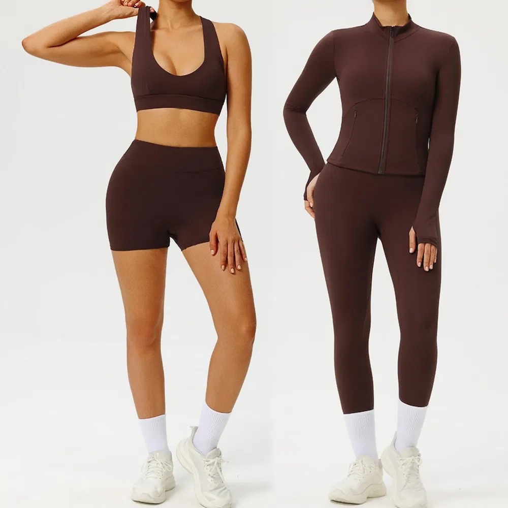Tianchen Novo Design 4PCS Roupas de Exercício Elegantes e Funcionais para Mulher, Shorts de Corrida Levantadores de Quadril + Leggings + Sutiã Esportivo + Jaqueta de Yoga Conjunto de Roupas de Exercício Chiques