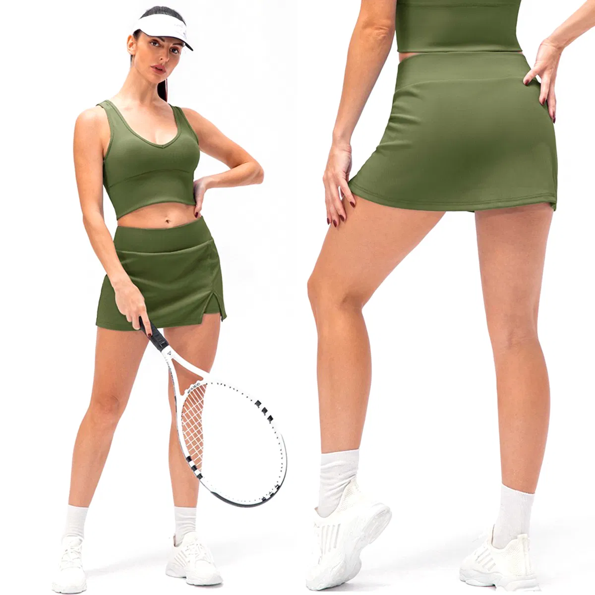 Conjunto de Roupas de Verão para Esportes de Atacado 2PCS Roupas de Tênis para Mulheres, Saia de Golfe Mini Canellada com 3 Bolsos + Shorts Internos com Camisetas Casuais