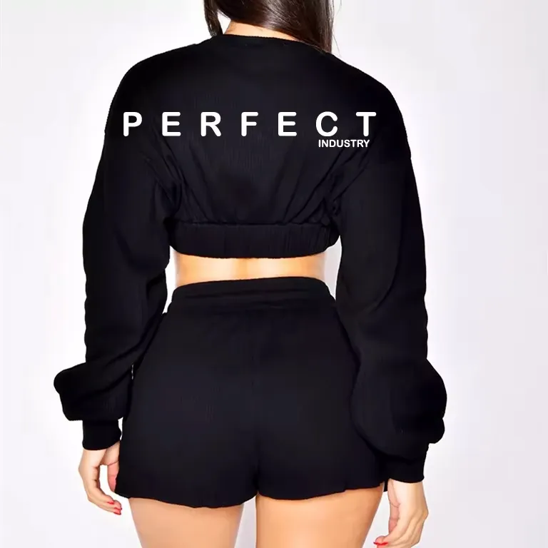 Conjunto de moletom cropped slim fit de cor sólida personalizado por atacado, casual, duas peças, com zíper, moda esportiva para mulheres