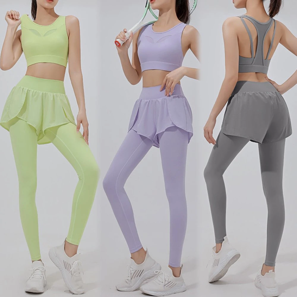 Roupas de Treinamento Diárias de Modelagem Corporal por Atacado 2PCS para Mulheres, Personalizar Impressão de Logo, Sutiã Esportivo de Alto Impacto e Conjuntos de Leggings com Saia para Exercícios
