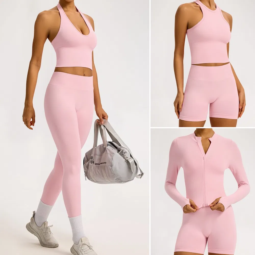 Personalize o Logotipo da Marca 5PCS Conjunto de Roupas Ativas Sem Costura para Mulheres, Tops de Yoga Fofos + Shorts Esportivos de Cintura Alta + Leggings + Jaqueta Esportiva Roupas de Academia