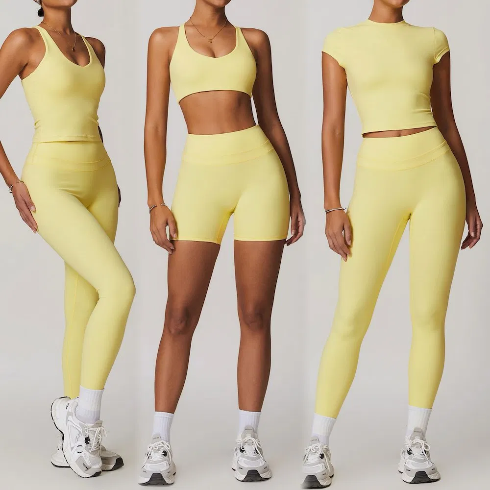 Novo Design de Moda 5PCS Conjuntos de Fitness Premium para Ginásio Roupas de Exercício para Mulheres, Atacado Roupas de Treino Elegantes, Top de Yoga com Costas Cruzadas Roupas de Yoga Sexy