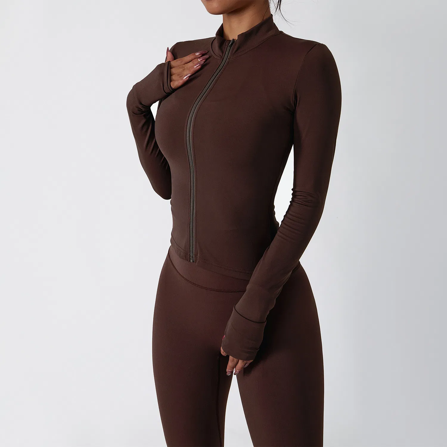 Conjunto de Fitness com Zíper de Manga Longa para Mulheres e Meninas e Sutiã Nu, Conjunto de Yoga com Sutiã Halter e Leggings