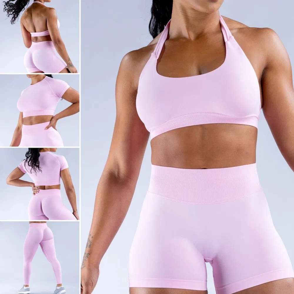 4 Conjunto de Treino Sexy Sem Costura para Mulheres, Sutiã Halter Neck Personalizado + Shorts de Bumbum + Leggings de Yoga, Roupas de Atividade para o Ginásio