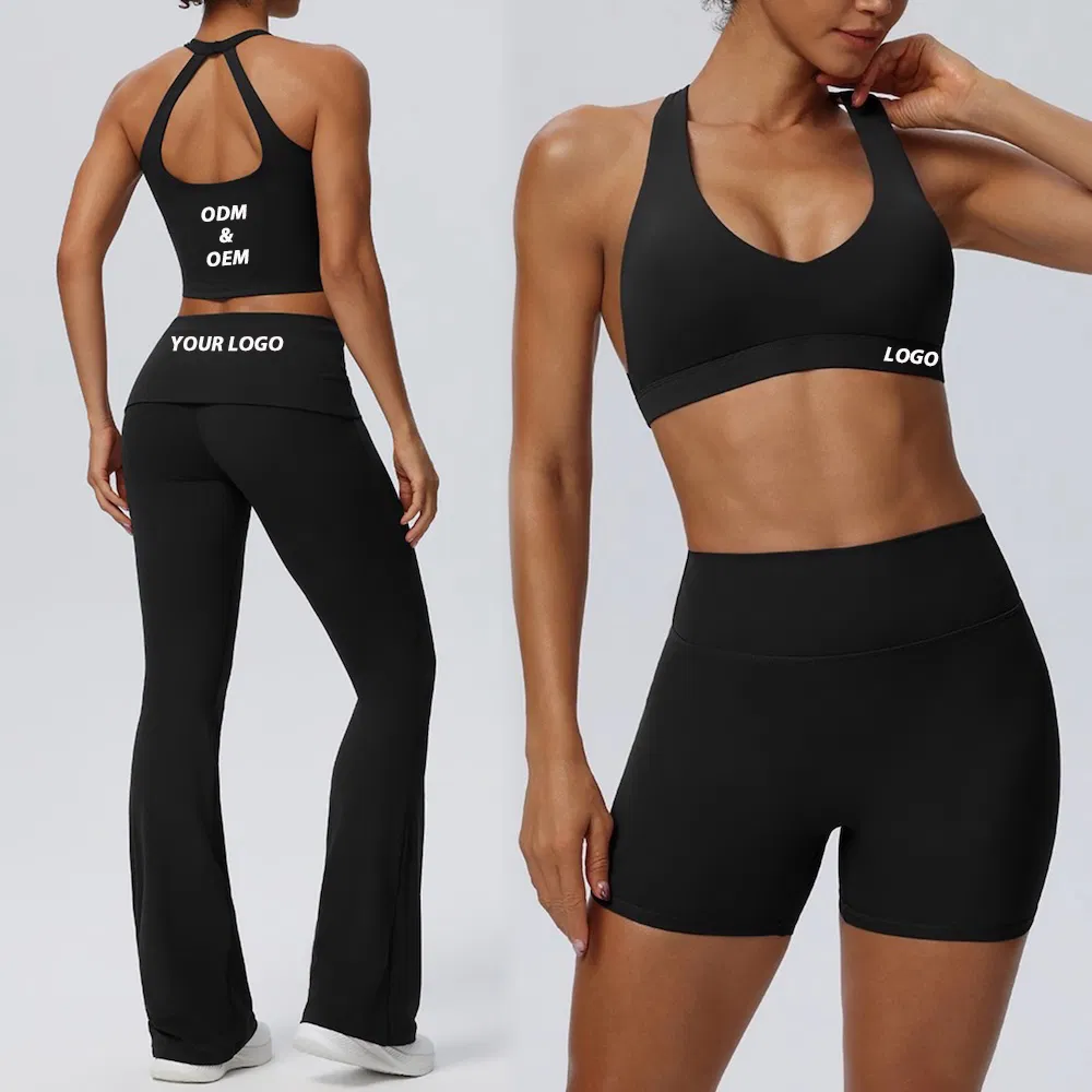 Conjunto de Roupas Ativas Sem Costas Selecionado como Topo pela Amazon 4PCS Roupas de Fitness Premium para Mulheres, Sexy Sutiã Esportivo com Decote em V + Camisetas + Shorts de Treino + Calças de Yoga Flare