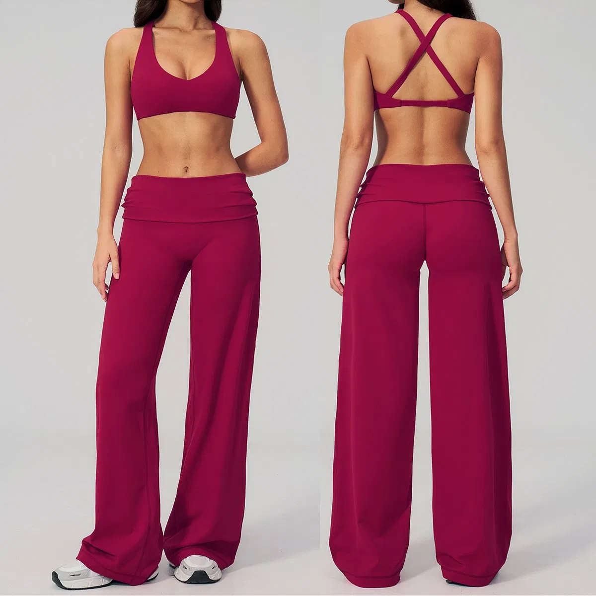 Conjunto de Roupas de Ginástica Femininas 5 Peças Básicas, Tops Cropped e Calças Retas com Cintura Dobrada, Shorts Casuais para Treino e Yoga, Roupas Esportivas