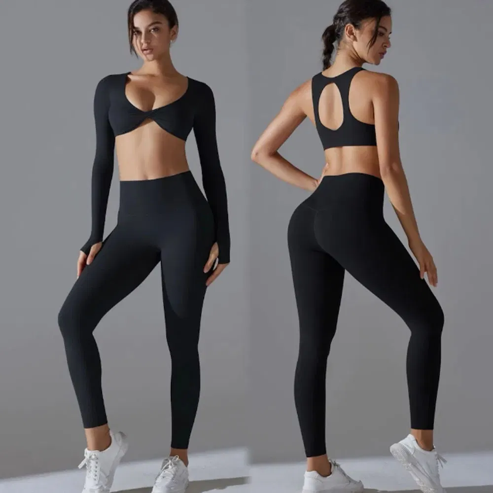 Conjunto de Roupas de Yoga Personalizadas por Atacado 4 Peça para Mulheres, Sutiã de Ginástica com Costas Cruzadas e 3 Design de Calças Justas de Cintura Alta para Fitness, Roupas Ativas, Moda Esportiva