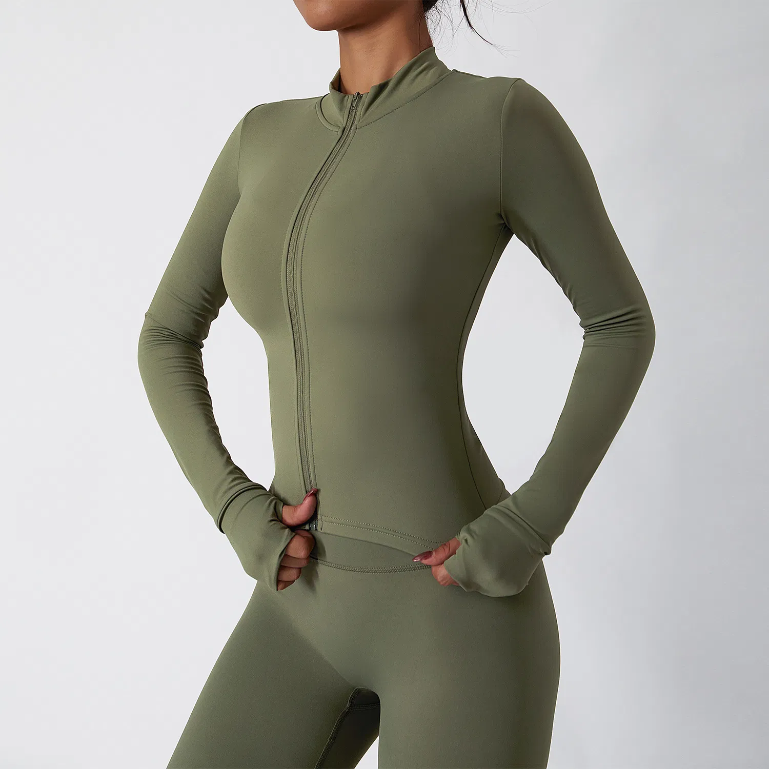 Conjunto de Fitness com Zíper de Manga Longa para Mulheres e Meninas e Sutiã Nu, Conjunto de Yoga com Sutiã Halter e Leggings